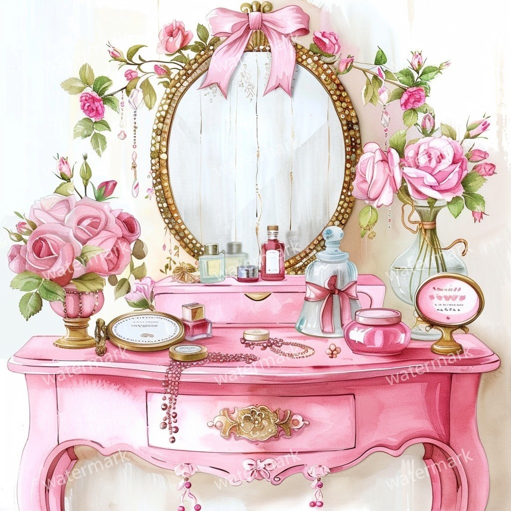 【商用利用可】ピンクガーリードレッサー(水彩バニティテーブル)クリップアート15点セット|高解像度JPG|コスメ・インテリア・コラージュ・ジャンクジャーナル素材|即ダウンロード
