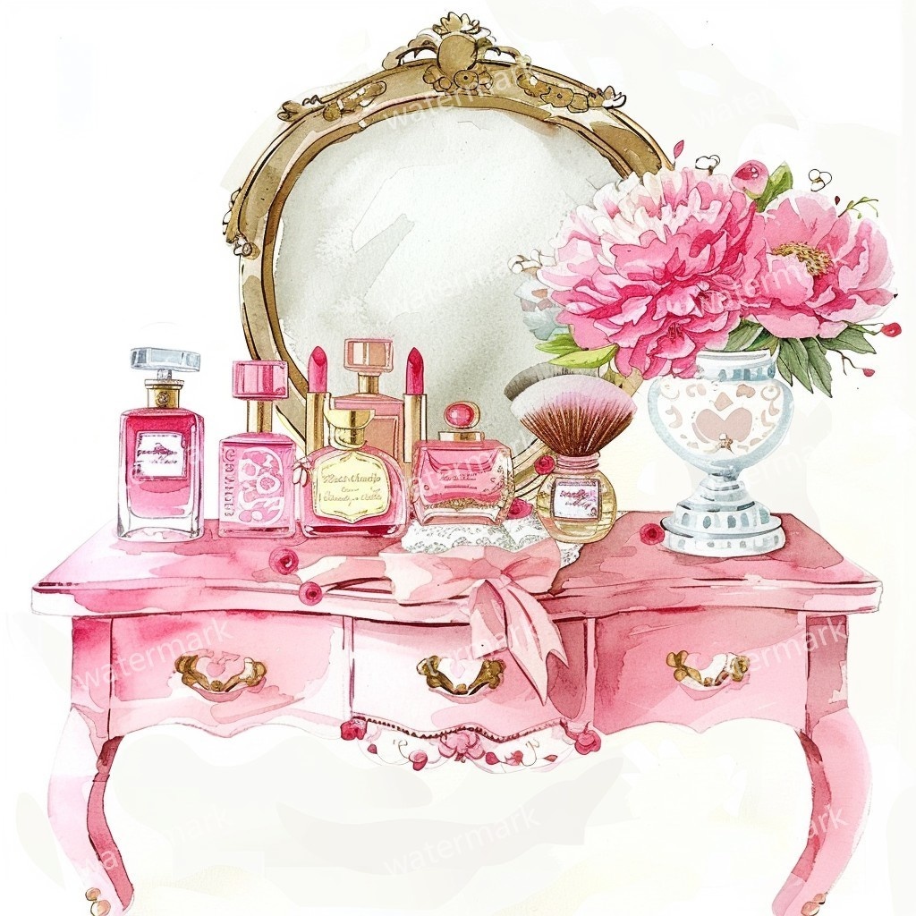 【商用利用可】ピンクガーリードレッサー(水彩バニティテーブル)クリップアート15点セット|高解像度JPG|コスメ・インテリア・コラージュ・ジャンクジャーナル素材|即ダウンロード