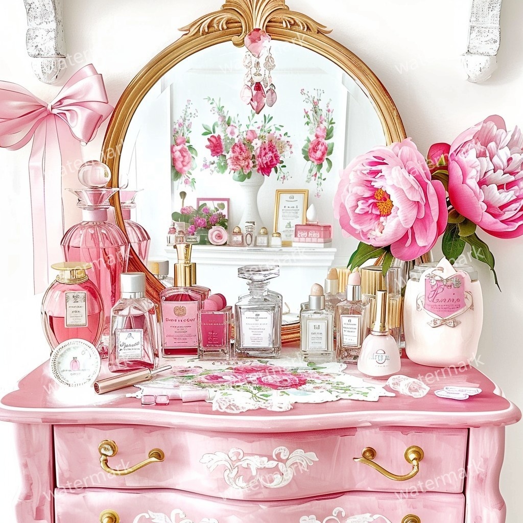 【商用利用可】ピンクガーリードレッサー(水彩バニティテーブル)クリップアート15点セット|高解像度JPG|コスメ・インテリア・コラージュ・ジャンクジャーナル素材|即ダウンロード