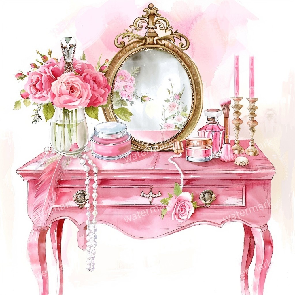 【商用利用可】ピンクガーリードレッサー(水彩バニティテーブル)クリップアート15点セット|高解像度JPG|コスメ・インテリア・コラージュ・ジャンクジャーナル素材|即ダウンロード