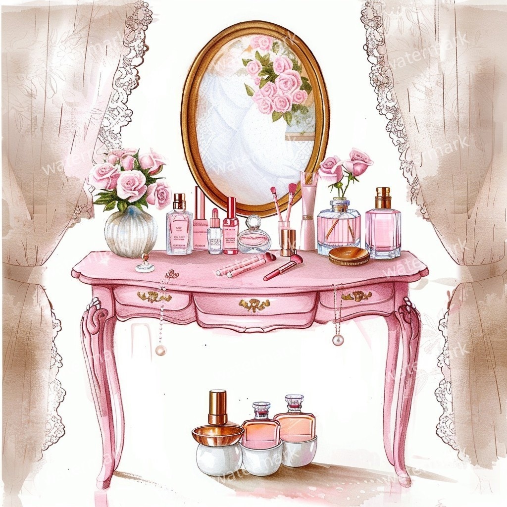 【商用利用可】ピンクガーリードレッサー(水彩バニティテーブル)クリップアート15点セット|高解像度JPG|コスメ・インテリア・コラージュ・ジャンクジャーナル素材|即ダウンロード