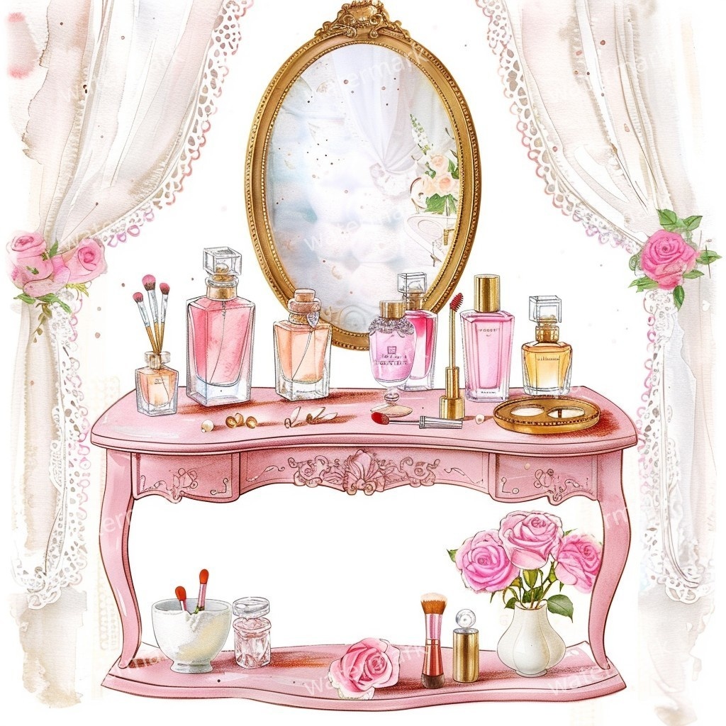 【商用利用可】ピンクガーリードレッサー(水彩バニティテーブル)クリップアート15点セット|高解像度JPG|コスメ・インテリア・コラージュ・ジャンクジャーナル素材|即ダウンロード