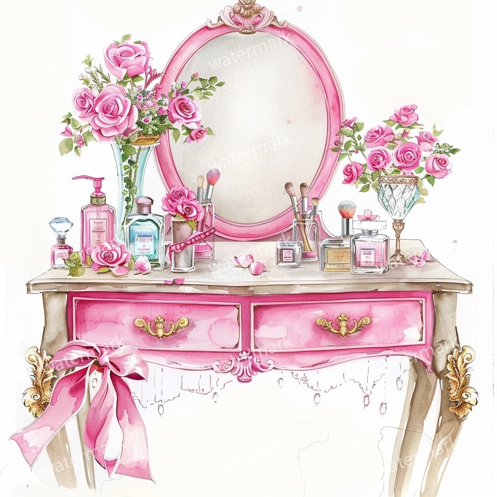 【商用利用可】ピンクガーリードレッサー(水彩バニティテーブル)クリップアート15点セット|高解像度JPG|コスメ・インテリア・コラージュ・ジャンクジャーナル素材|即ダウンロード
