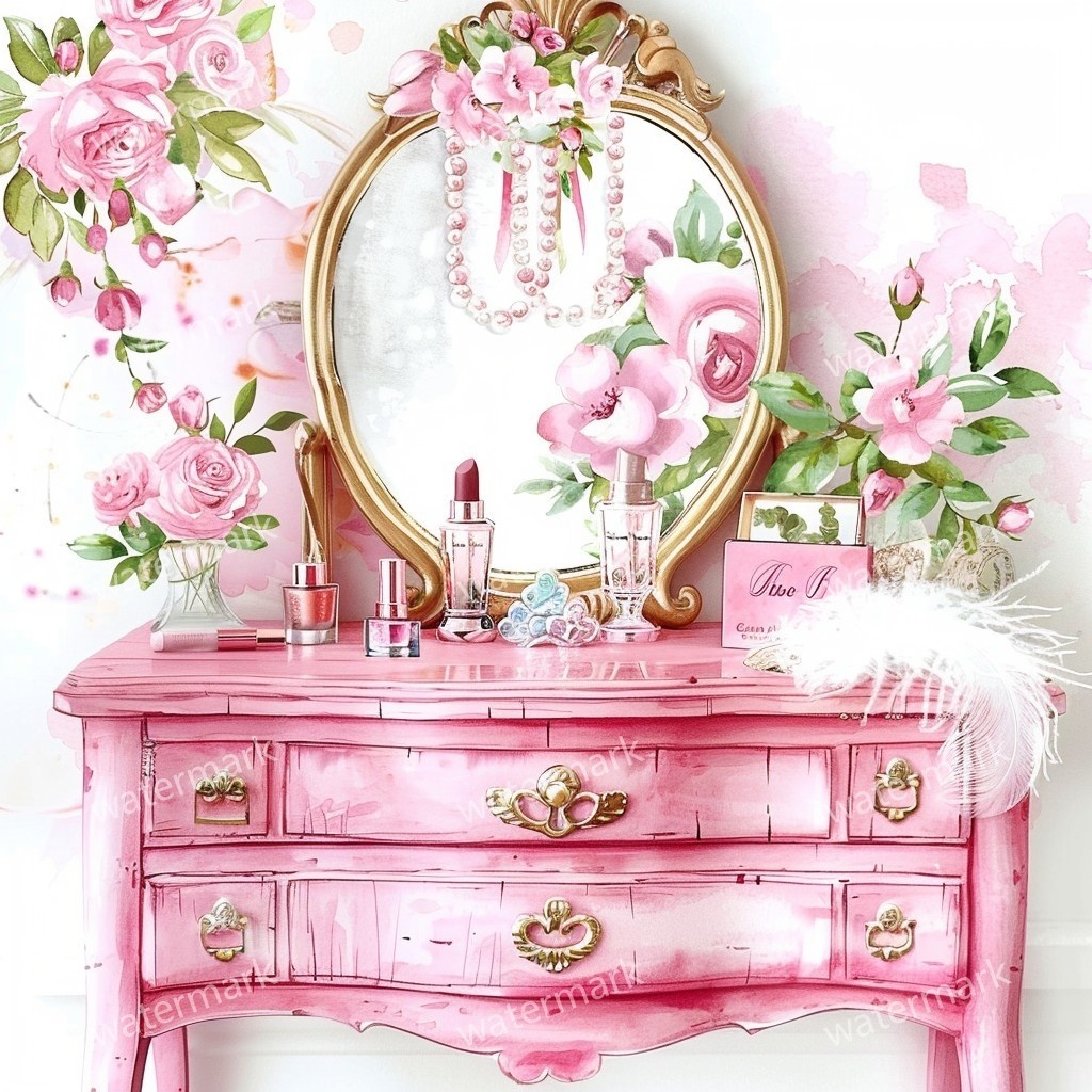 【商用利用可】ピンクガーリードレッサー(水彩バニティテーブル)クリップアート15点セット|高解像度JPG|コスメ・インテリア・コラージュ・ジャンクジャーナル素材|即ダウンロード