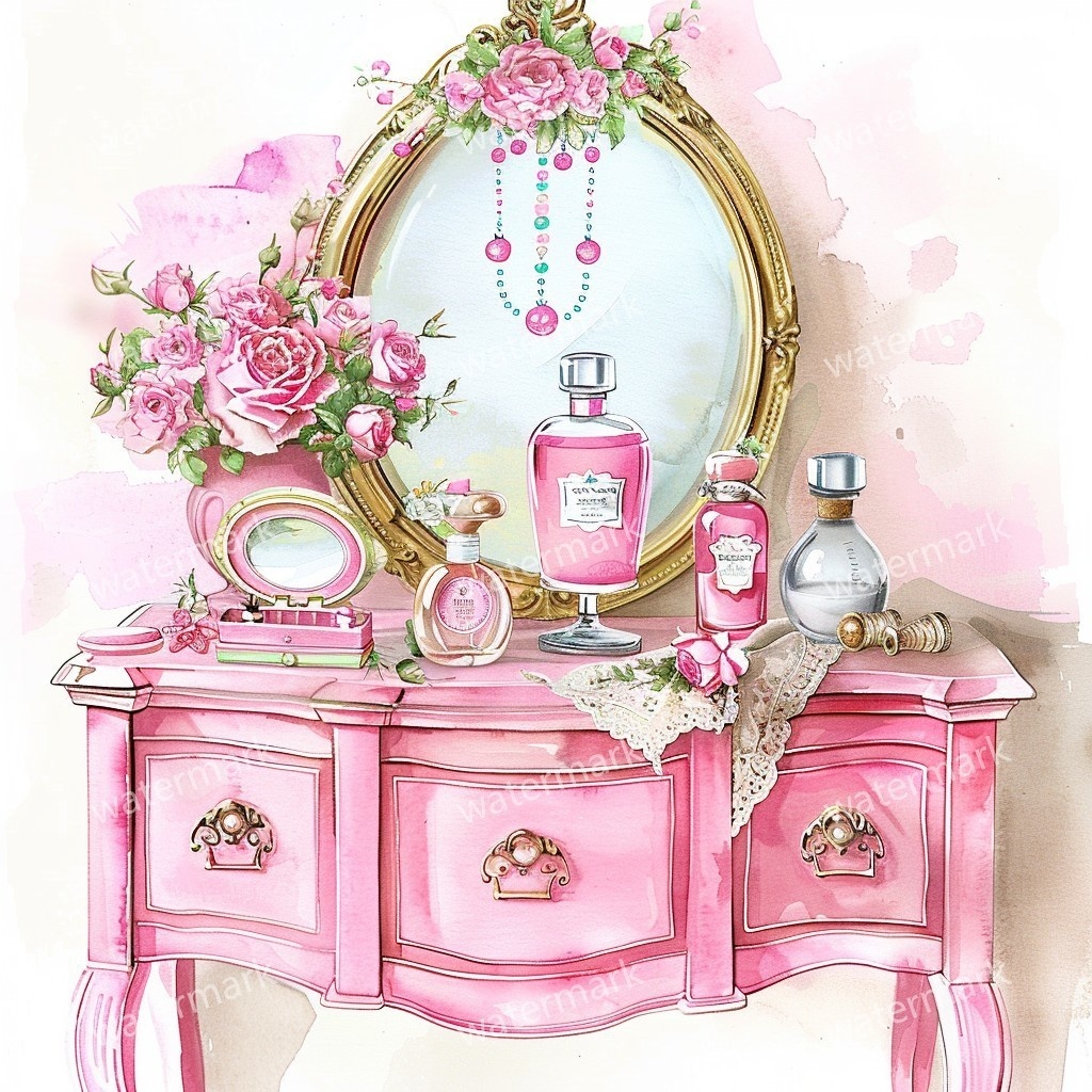 【商用利用可】ピンクガーリードレッサー(水彩バニティテーブル)クリップアート15点セット|高解像度JPG|コスメ・インテリア・コラージュ・ジャンクジャーナル素材|即ダウンロード