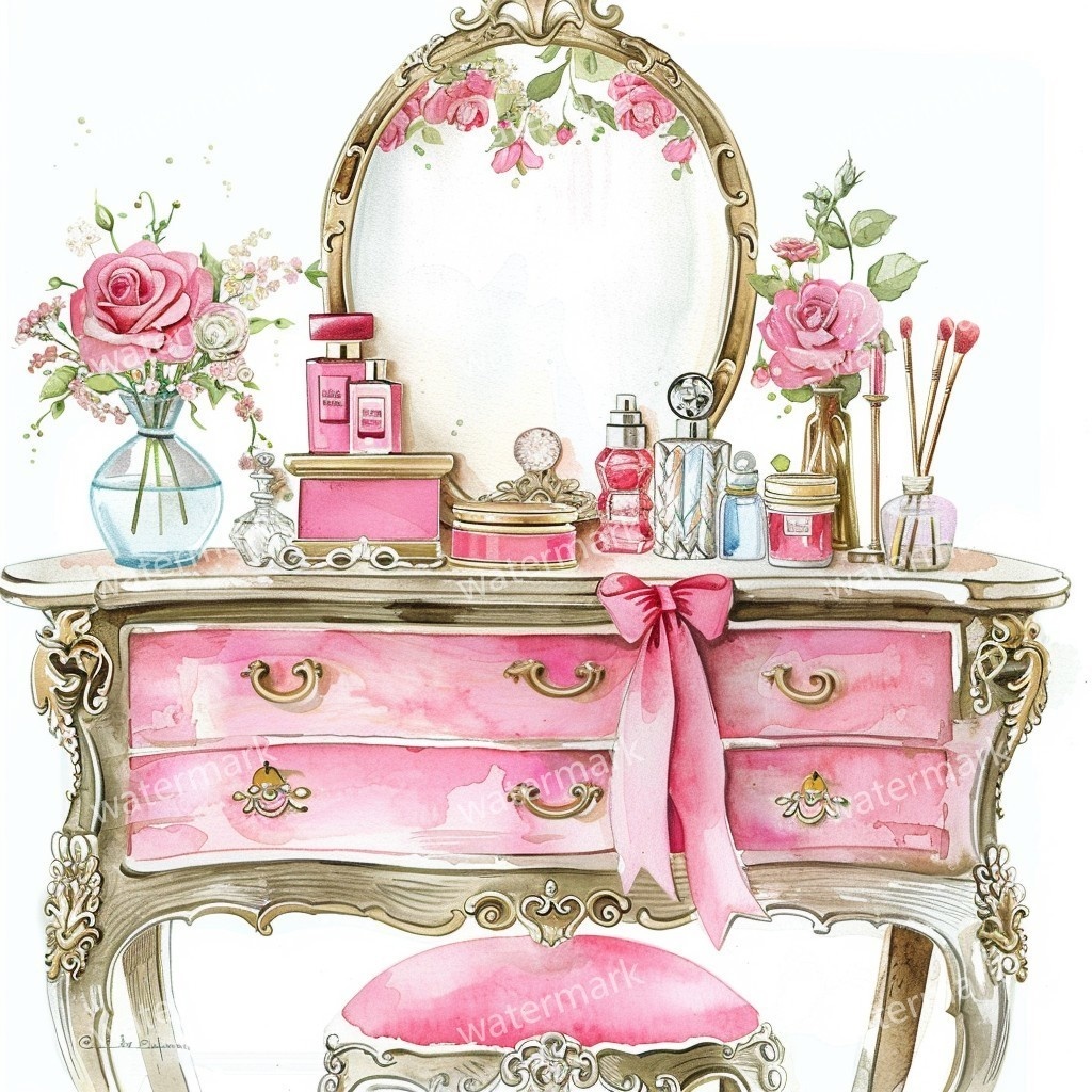 【商用利用可】ピンクガーリードレッサー(水彩バニティテーブル)クリップアート15点セット|高解像度JPG|コスメ・インテリア・コラージュ・ジャンクジャーナル素材|即ダウンロード
