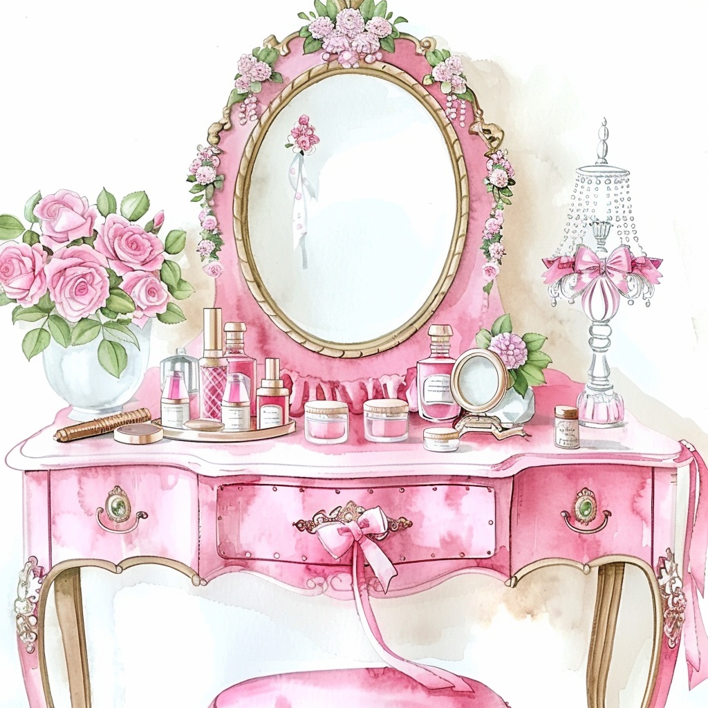 【商用利用可】ピンクガーリードレッサー(水彩バニティテーブル)クリップアート15点セット|高解像度JPG|コスメ・インテリア・コラージュ・ジャンクジャーナル素材|即ダウンロード