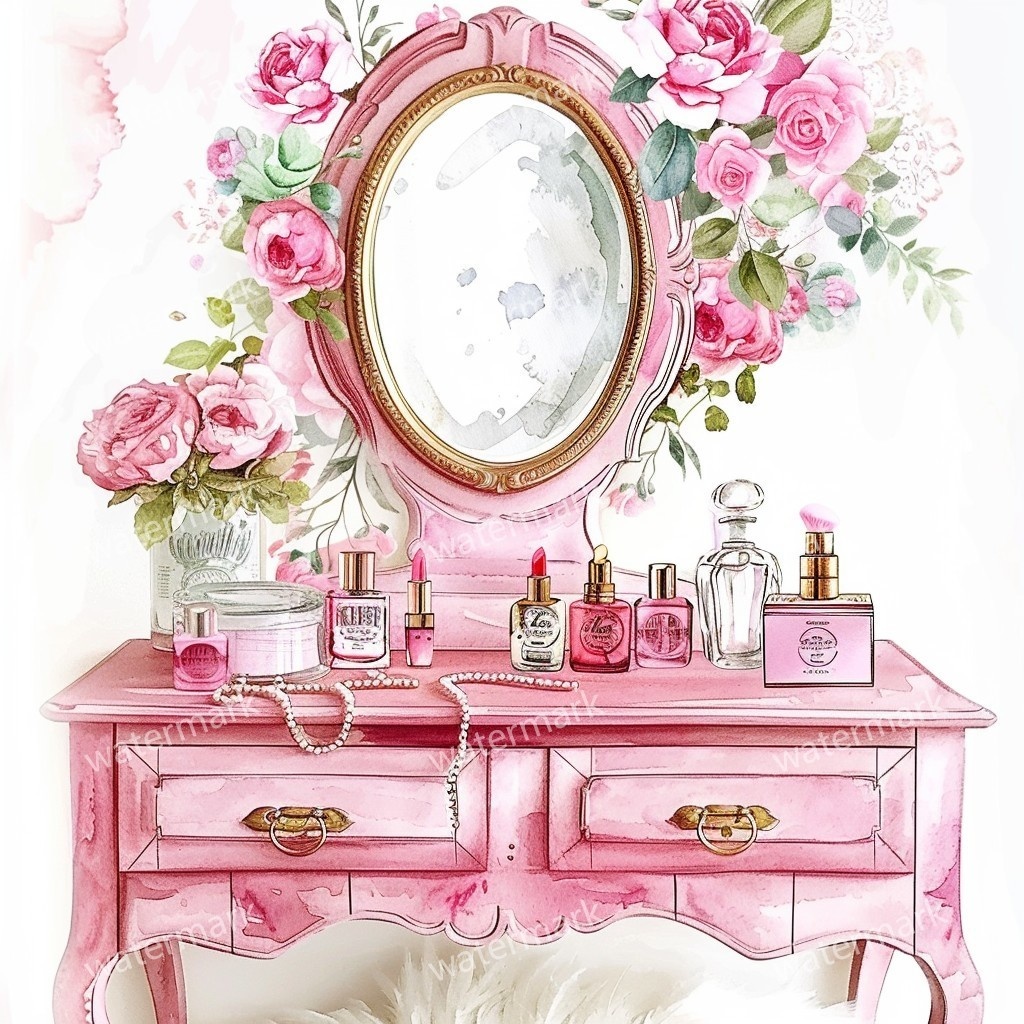 【商用利用可】ピンクガーリードレッサー（水彩バニティテーブル）クリップアート15点セット｜高解像度JPG｜コスメ・インテリア・コラージュ・ジャンクジャーナル素材｜即ダウンロード