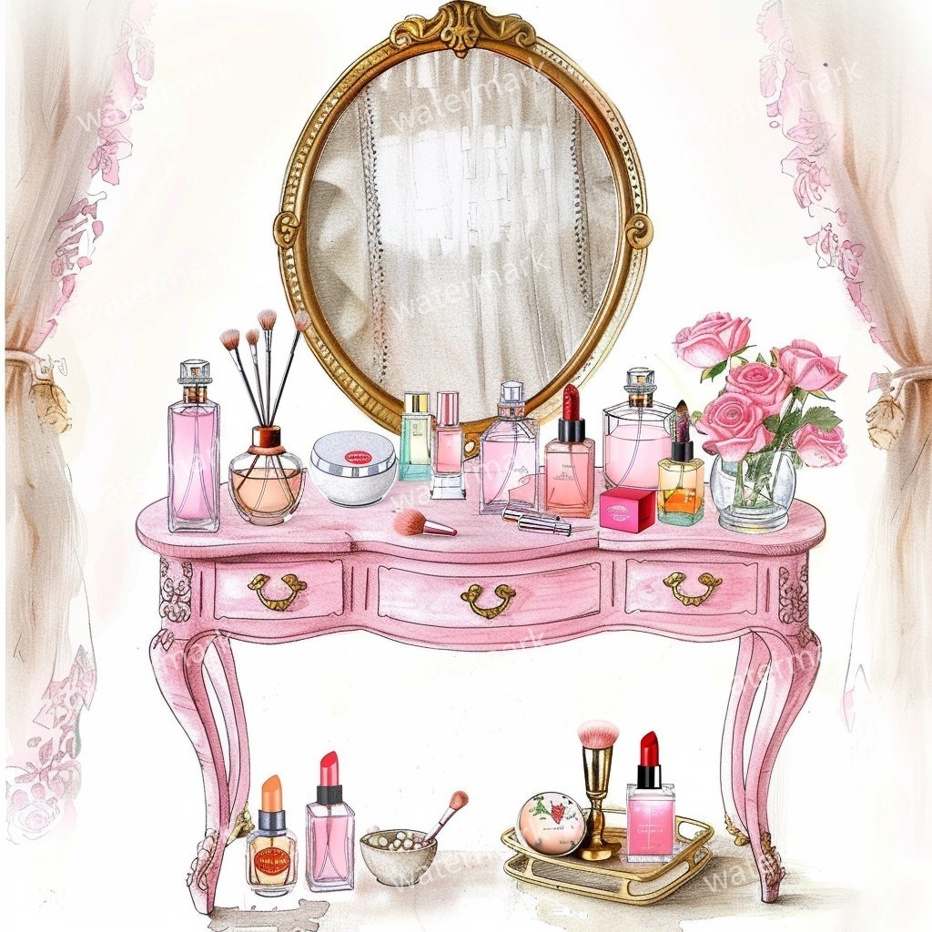 【商用利用可】ピンクガーリードレッサー(水彩バニティテーブル)クリップアート15点セット|高解像度JPG|コスメ・インテリア・コラージュ・ジャンクジャーナル素材|即ダウンロード