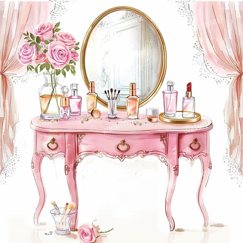 【商用利用可】ピンクガーリードレッサー(水彩バニティテーブル)クリップアート15点セット|高解像度JPG|コスメ・インテリア・コラージュ・ジャンクジャーナル素材|即ダウンロード