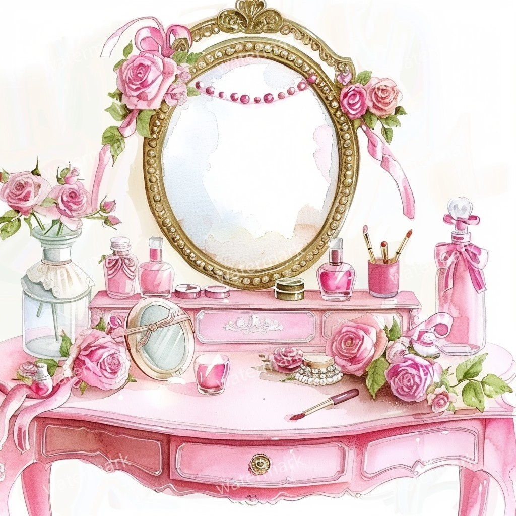 【商用利用可】ピンクガーリードレッサー(水彩バニティテーブル)クリップアート15点セット|高解像度JPG|コスメ・インテリア・コラージュ・ジャンクジャーナル素材|即ダウンロード