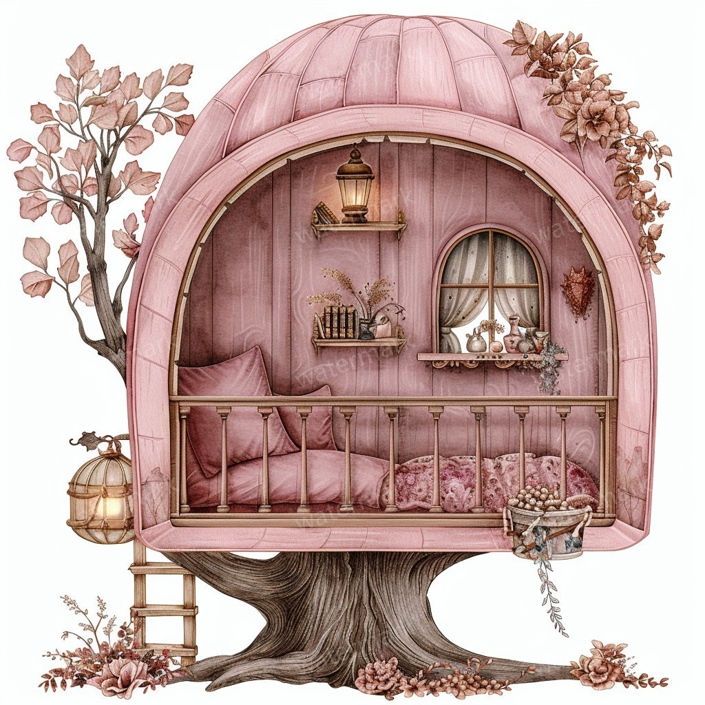 【商用利用可】妖精ツリーハウス室内(水彩フェアリーインテリア)クリップアート20点セット|高解像度PNG/JPG|森の家・ファンタジー・コラージュ・ジャンクジャーナル素材|即ダウンロード