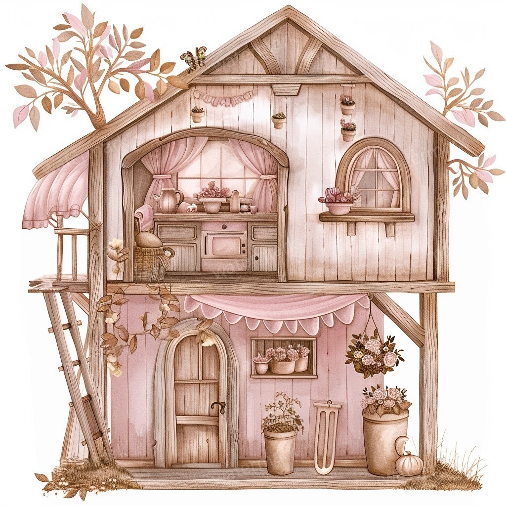 【商用利用可】妖精ツリーハウス室内(水彩フェアリーインテリア)クリップアート20点セット|高解像度PNG/JPG|森の家・ファンタジー・コラージュ・ジャンクジャーナル素材|即ダウンロード