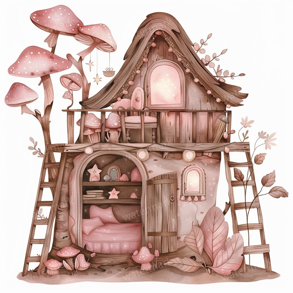 【商用利用可】妖精ツリーハウス室内(水彩フェアリーインテリア)クリップアート20点セット|高解像度PNG/JPG|森の家・ファンタジー・コラージュ・ジャンクジャーナル素材|即ダウンロード