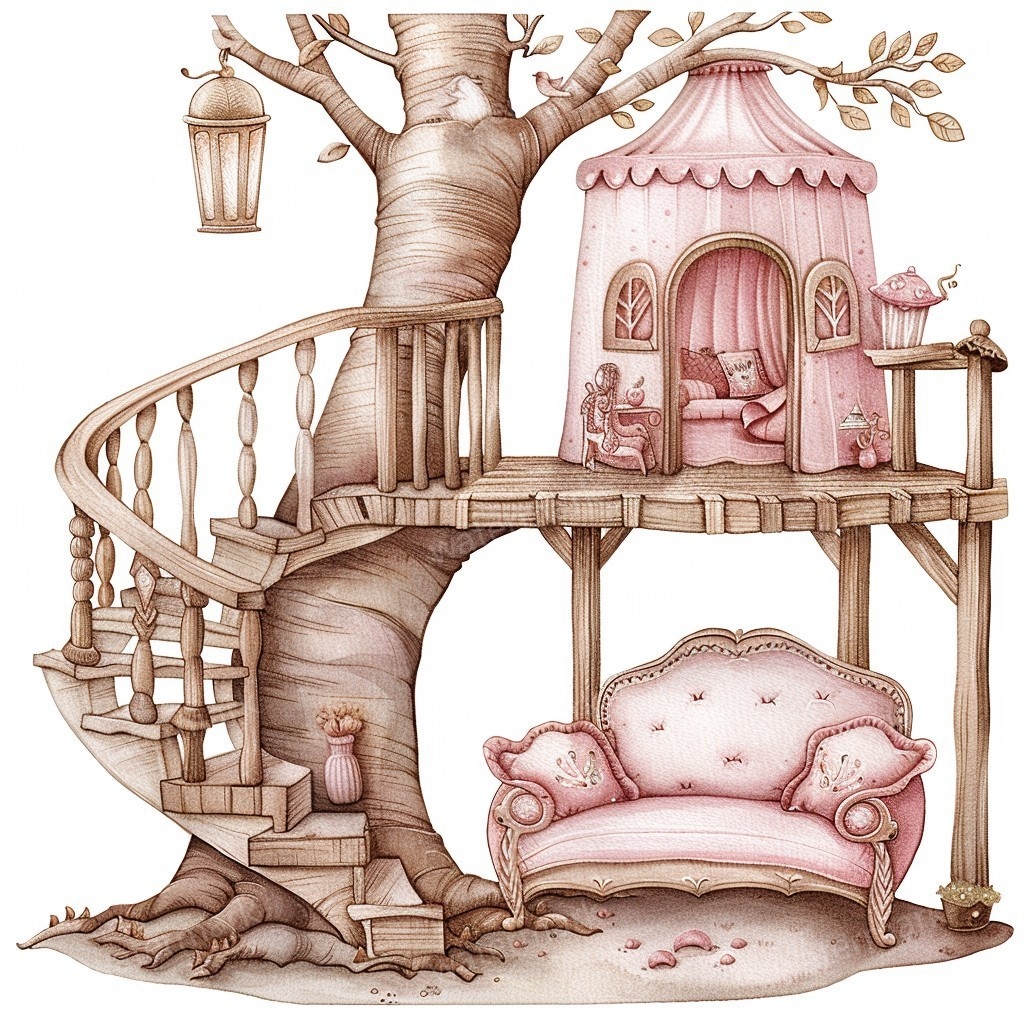 【商用利用可】妖精ツリーハウス室内（水彩フェアリーインテリア）クリップアート20点セット｜高解像度PNG/JPG｜森の家・ファンタジー・コラージュ・ジャンクジャーナル素材｜即ダウンロード