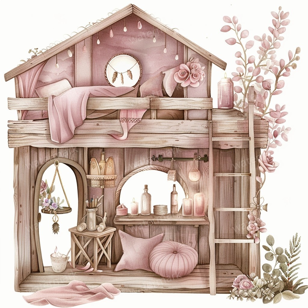 【商用利用可】妖精ツリーハウス室内(水彩フェアリーインテリア)クリップアート20点セット|高解像度PNG/JPG|森の家・ファンタジー・コラージュ・ジャンクジャーナル素材|即ダウンロード