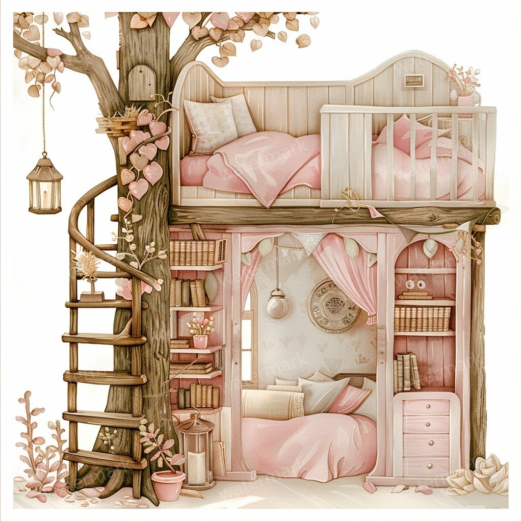 【商用利用可】妖精ツリーハウス室内(水彩フェアリーインテリア)クリップアート20点セット|高解像度PNG/JPG|森の家・ファンタジー・コラージュ・ジャンクジャーナル素材|即ダウンロード