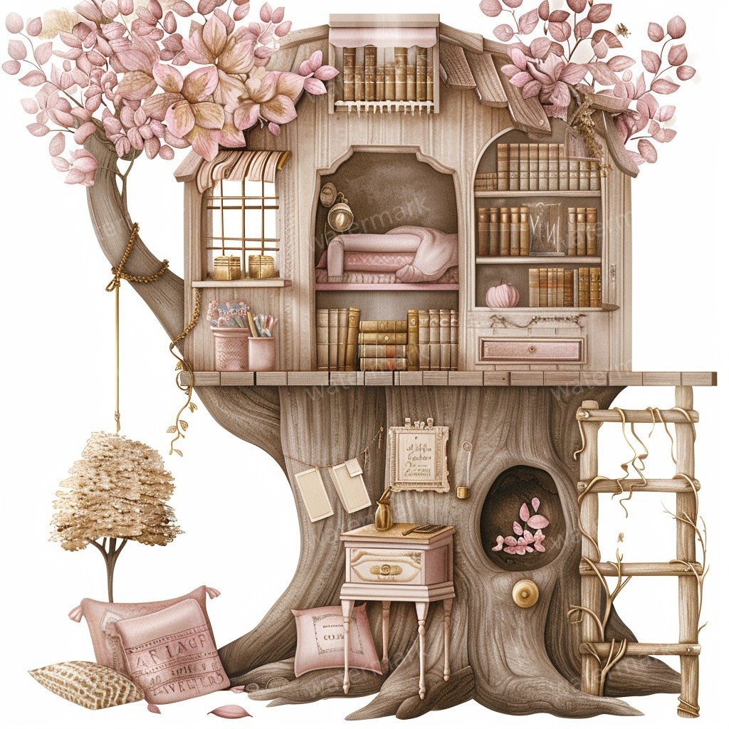 【商用利用可】妖精ツリーハウス室内(水彩フェアリーインテリア)クリップアート20点セット|高解像度PNG/JPG|森の家・ファンタジー・コラージュ・ジャンクジャーナル素材|即ダウンロード