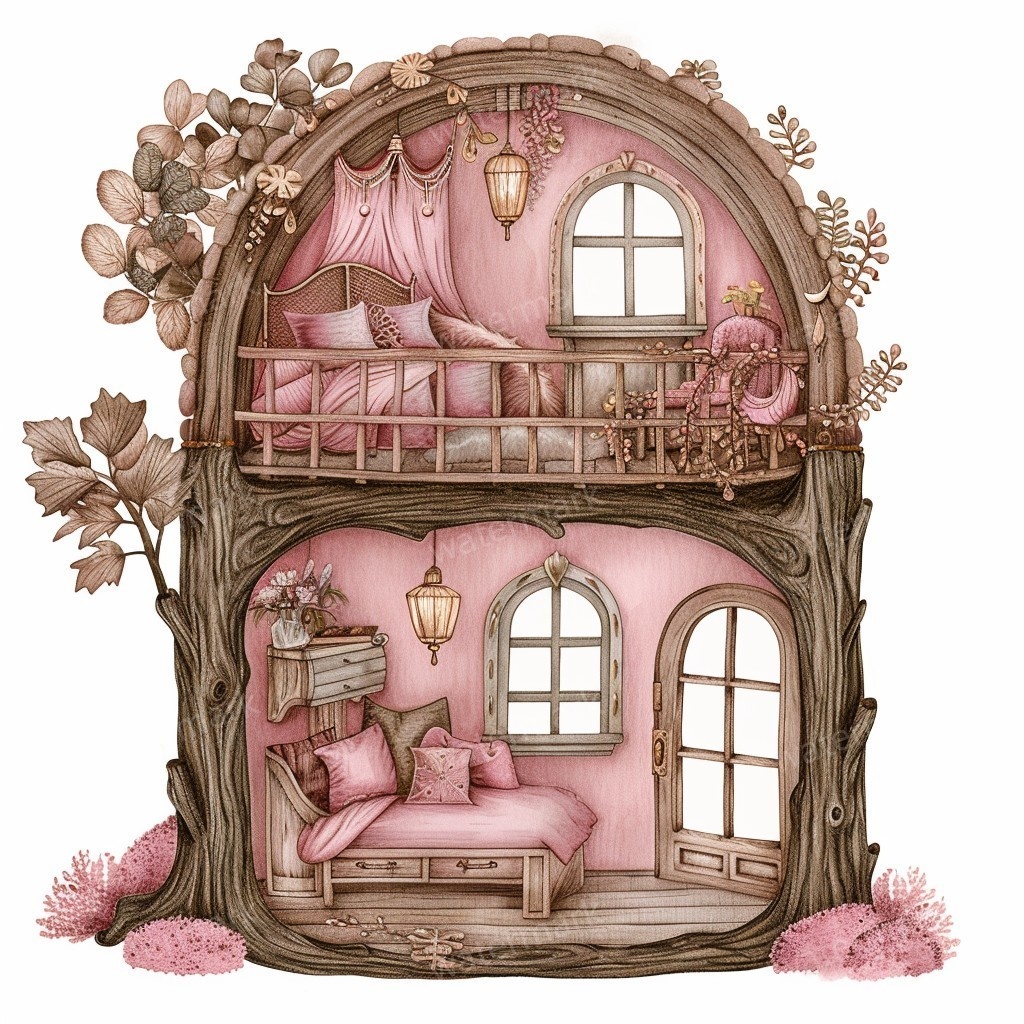 【商用利用可】妖精ツリーハウス室内(水彩フェアリーインテリア)クリップアート20点セット|高解像度PNG/JPG|森の家・ファンタジー・コラージュ・ジャンクジャーナル素材|即ダウンロード