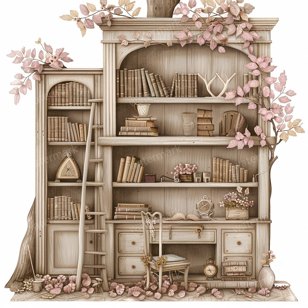 【商用利用可】妖精ツリーハウス室内(水彩フェアリーインテリア)クリップアート20点セット|高解像度PNG/JPG|森の家・ファンタジー・コラージュ・ジャンクジャーナル素材|即ダウンロード