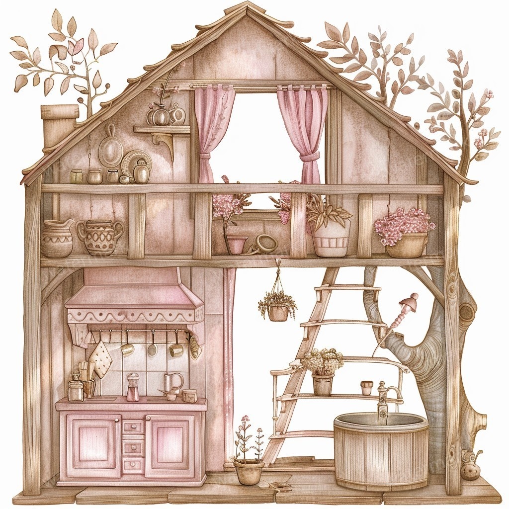 【商用利用可】妖精ツリーハウス室内(水彩フェアリーインテリア)クリップアート20点セット|高解像度PNG/JPG|森の家・ファンタジー・コラージュ・ジャンクジャーナル素材|即ダウンロード