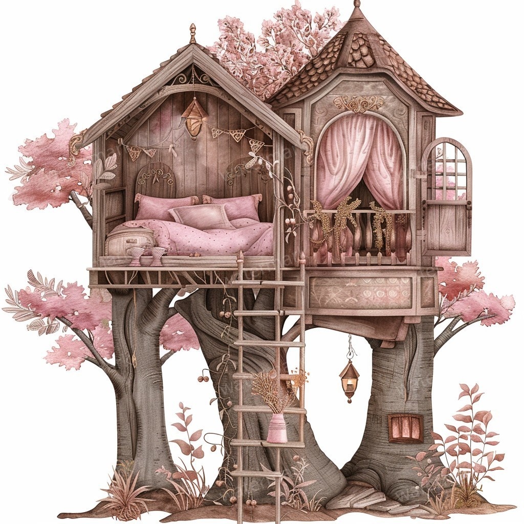 【商用利用可】妖精ツリーハウス室内(水彩フェアリーインテリア)クリップアート20点セット|高解像度PNG/JPG|森の家・ファンタジー・コラージュ・ジャンクジャーナル素材|即ダウンロード