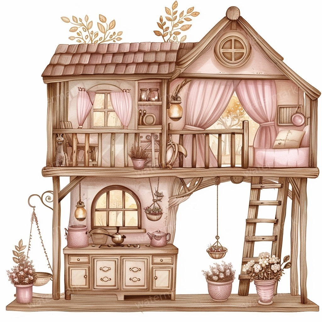 【商用利用可】妖精ツリーハウス室内(水彩フェアリーインテリア)クリップアート20点セット|高解像度PNG/JPG|森の家・ファンタジー・コラージュ・ジャンクジャーナル素材|即ダウンロード