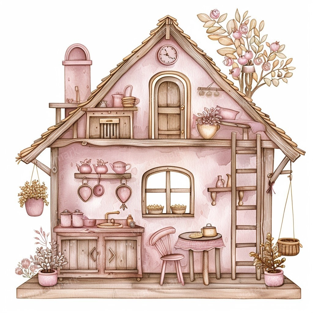 【商用利用可】妖精ツリーハウス室内(水彩フェアリーインテリア)クリップアート20点セット|高解像度PNG/JPG|森の家・ファンタジー・コラージュ・ジャンクジャーナル素材|即ダウンロード