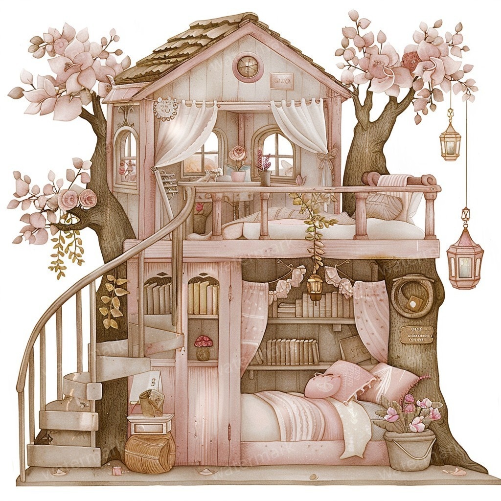 【商用利用可】妖精ツリーハウス室内(水彩フェアリーインテリア)クリップアート20点セット|高解像度PNG/JPG|森の家・ファンタジー・コラージュ・ジャンクジャーナル素材|即ダウンロード