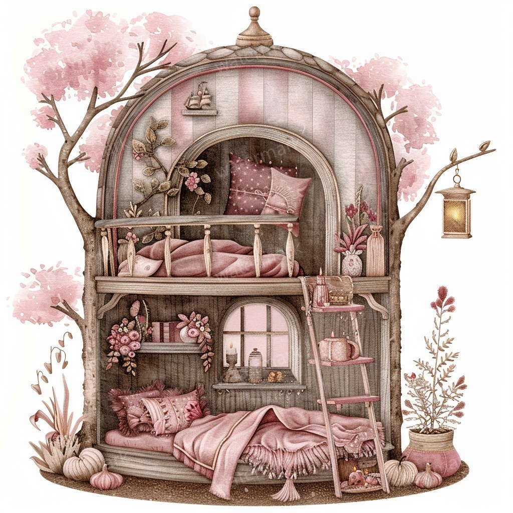 【商用利用可】妖精ツリーハウス室内(水彩フェアリーインテリア)クリップアート20点セット|高解像度PNG/JPG|森の家・ファンタジー・コラージュ・ジャンクジャーナル素材|即ダウンロード