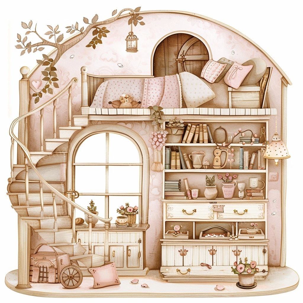 【商用利用可】妖精ツリーハウス室内(水彩フェアリーインテリア)クリップアート20点セット|高解像度PNG/JPG|森の家・ファンタジー・コラージュ・ジャンクジャーナル素材|即ダウンロード