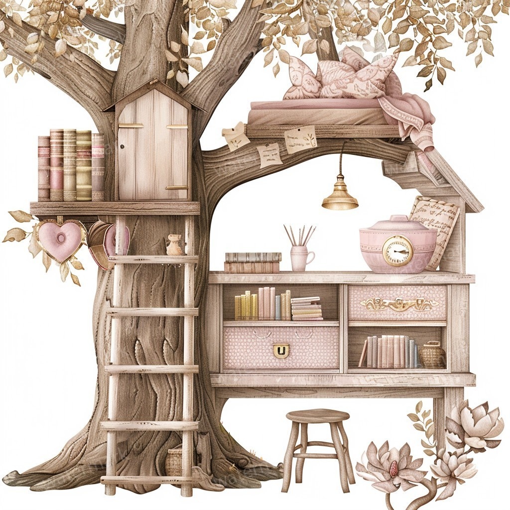 【商用利用可】妖精ツリーハウス室内(水彩フェアリーインテリア)クリップアート20点セット|高解像度PNG/JPG|森の家・ファンタジー・コラージュ・ジャンクジャーナル素材|即ダウンロード