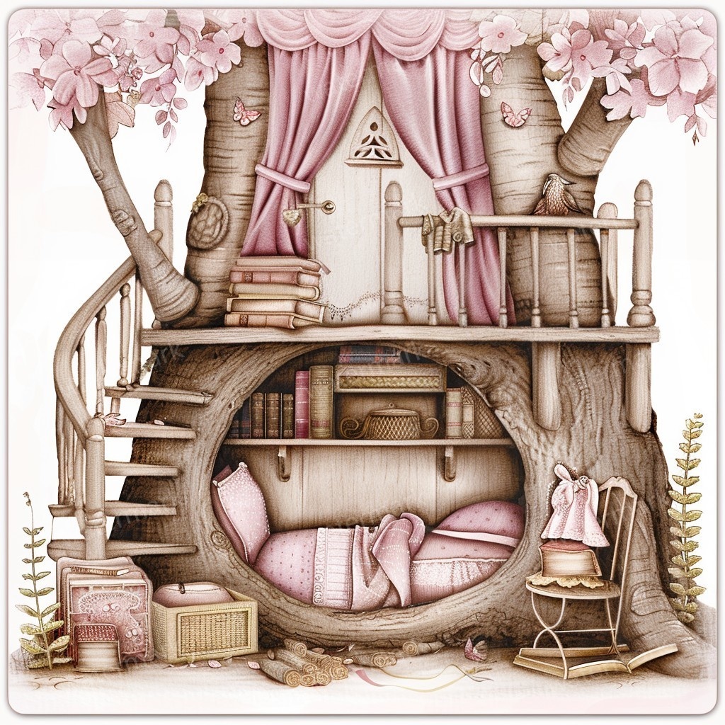 【商用利用可】妖精ツリーハウス室内(水彩フェアリーインテリア)クリップアート20点セット|高解像度PNG/JPG|森の家・ファンタジー・コラージュ・ジャンクジャーナル素材|即ダウンロード