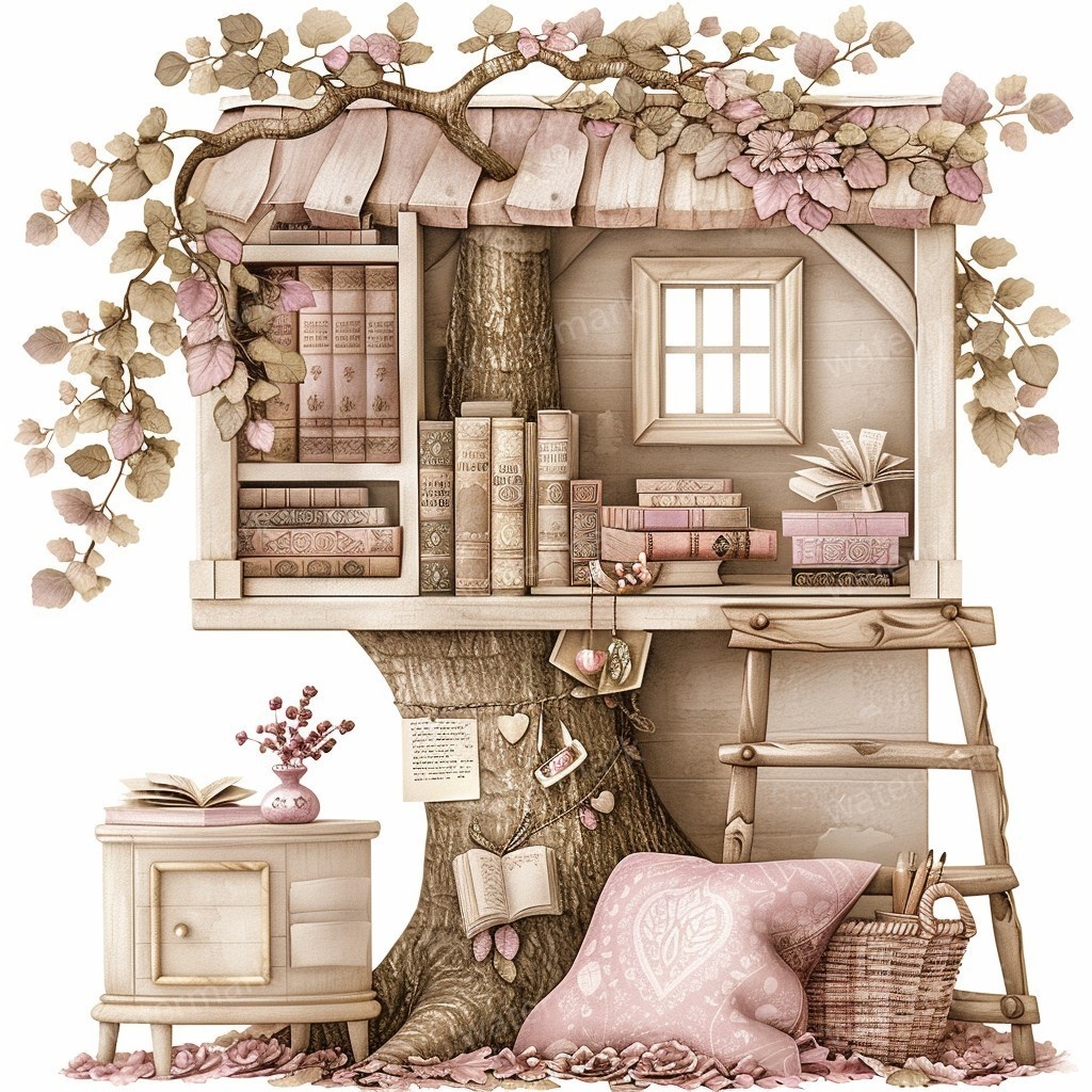 【商用利用可】妖精ツリーハウス室内(水彩フェアリーインテリア)クリップアート20点セット|高解像度PNG/JPG|森の家・ファンタジー・コラージュ・ジャンクジャーナル素材|即ダウンロード