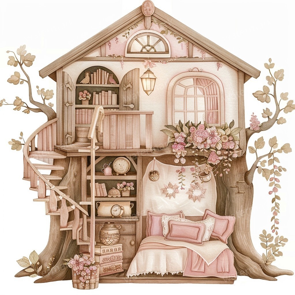 【商用利用可】妖精ツリーハウス室内(水彩フェアリーインテリア)クリップアート20点セット|高解像度PNG/JPG|森の家・ファンタジー・コラージュ・ジャンクジャーナル素材|即ダウンロード