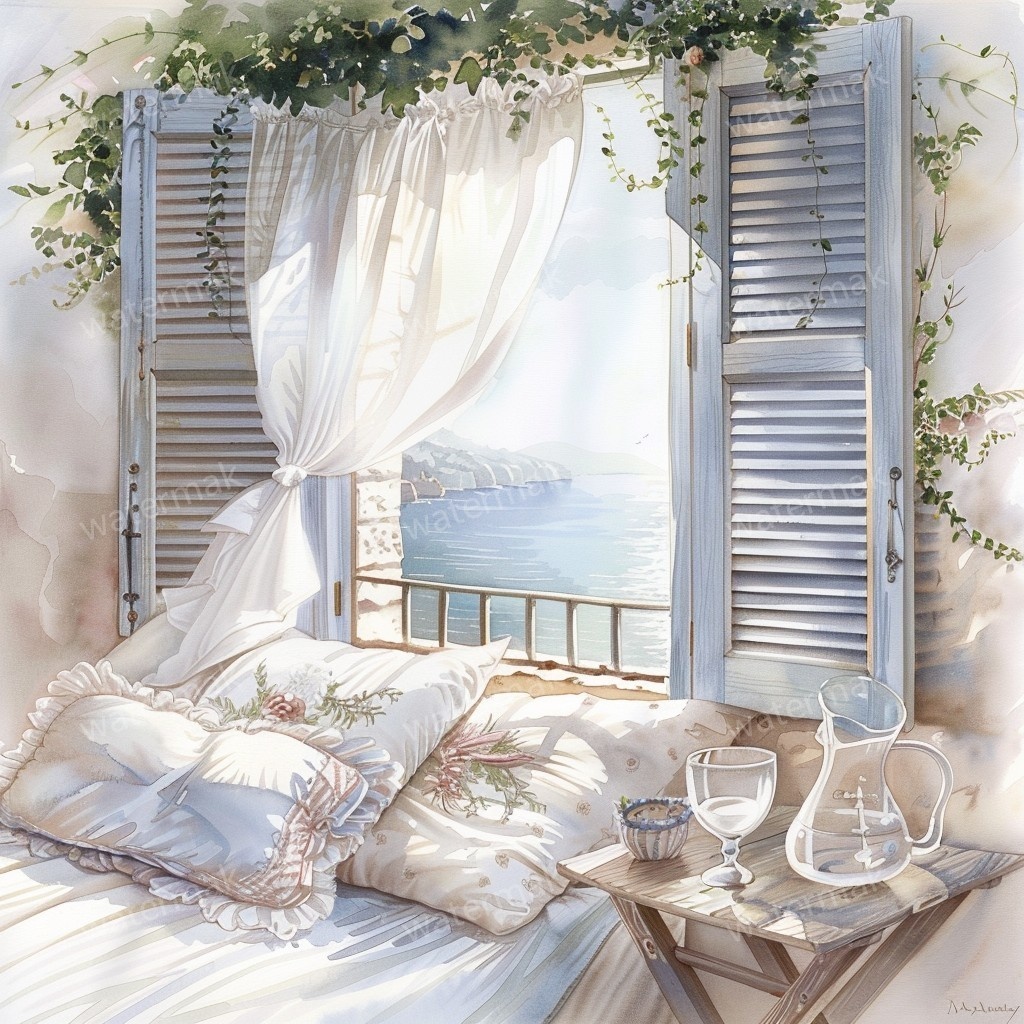 【商用利用可】地中海の朝テラス(水彩バルコニー)クリップアート15点セット|高解像度JPG|海辺の風景・ナチュラルインテリア|コラージュ・ジャンクジャーナル素材|即ダウンロード