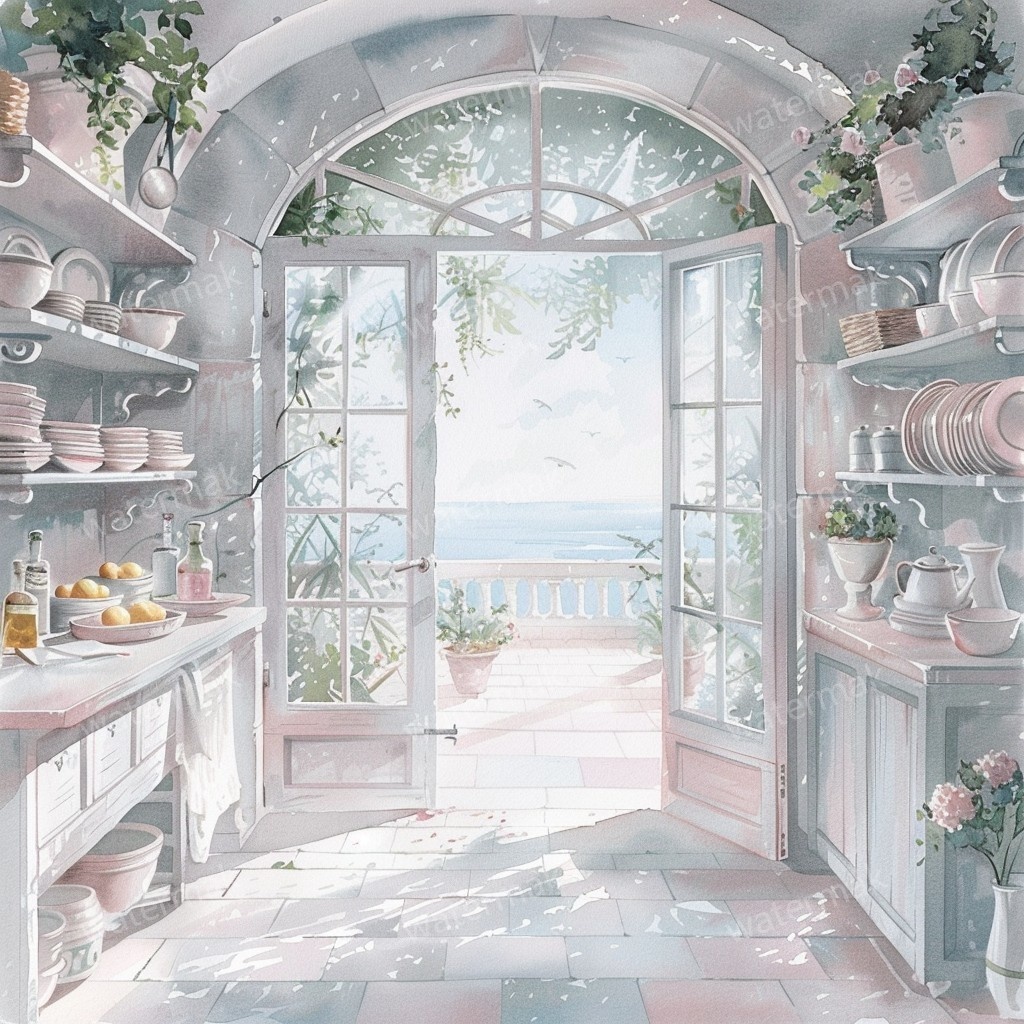 【商用利用可】地中海の朝テラス(水彩バルコニー)クリップアート15点セット|高解像度JPG|海辺の風景・ナチュラルインテリア|コラージュ・ジャンクジャーナル素材|即ダウンロード