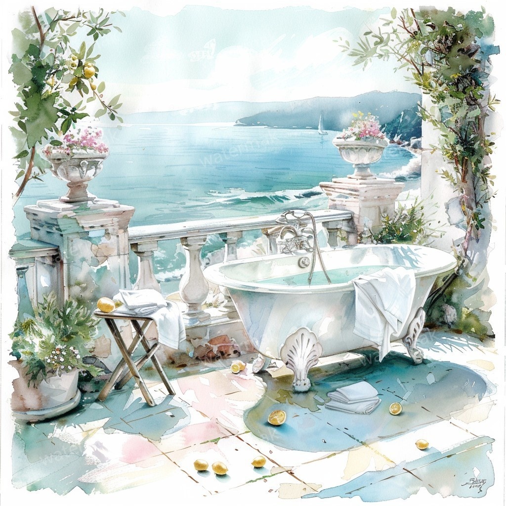 【商用利用可】地中海の朝テラス(水彩バルコニー)クリップアート15点セット|高解像度JPG|海辺の風景・ナチュラルインテリア|コラージュ・ジャンクジャーナル素材|即ダウンロード