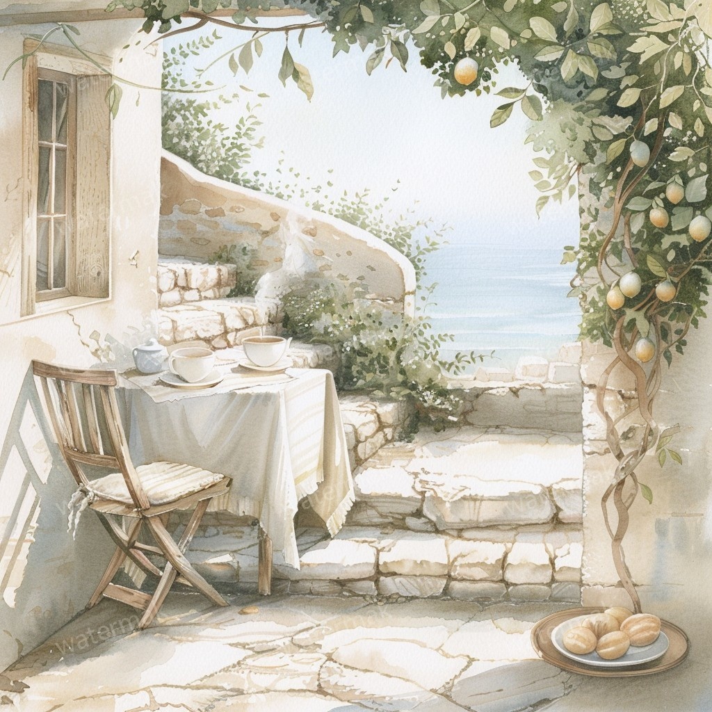【商用利用可】地中海の朝テラス(水彩バルコニー)クリップアート15点セット|高解像度JPG|海辺の風景・ナチュラルインテリア|コラージュ・ジャンクジャーナル素材|即ダウンロード