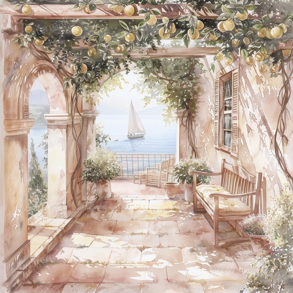 【商用利用可】地中海の朝テラス(水彩バルコニー)クリップアート15点セット|高解像度JPG|海辺の風景・ナチュラルインテリア|コラージュ・ジャンクジャーナル素材|即ダウンロード