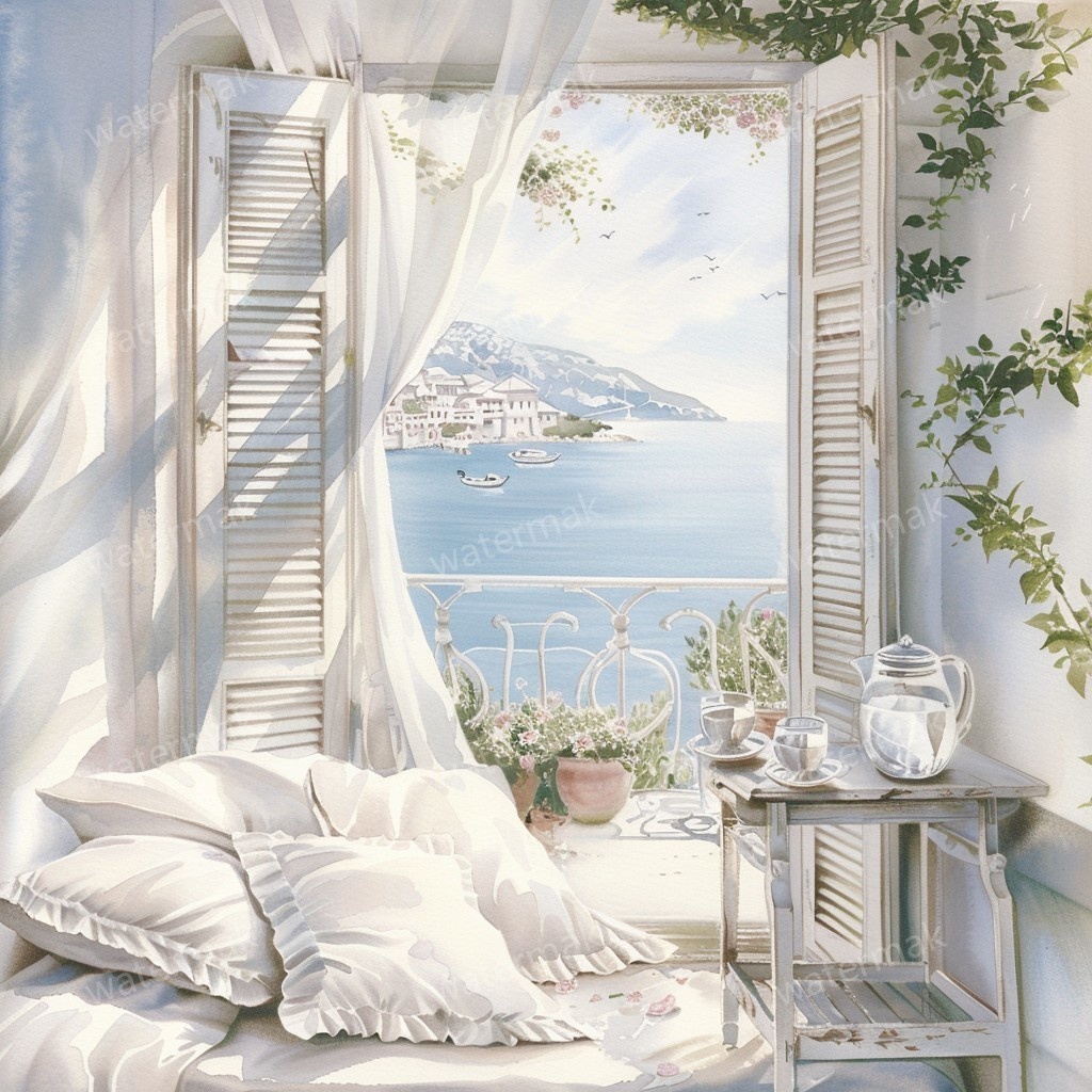 【商用利用可】地中海の朝テラス(水彩バルコニー)クリップアート15点セット|高解像度JPG|海辺の風景・ナチュラルインテリア|コラージュ・ジャンクジャーナル素材|即ダウンロード