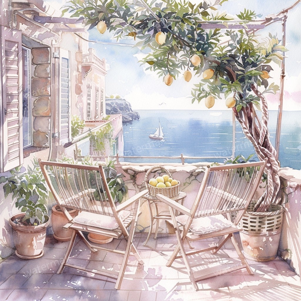 【商用利用可】地中海の朝テラス(水彩バルコニー)クリップアート15点セット|高解像度JPG|海辺の風景・ナチュラルインテリア|コラージュ・ジャンクジャーナル素材|即ダウンロード