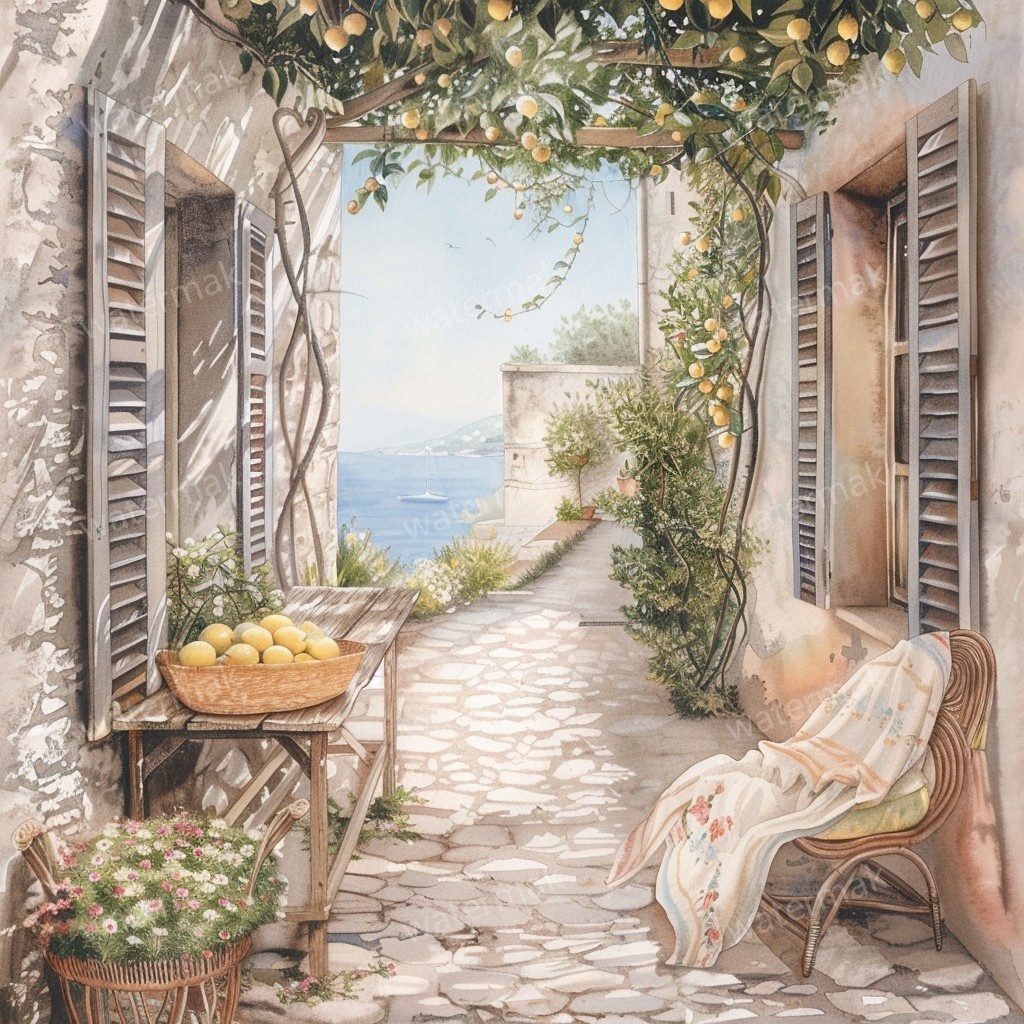 【商用利用可】地中海の朝テラス(水彩バルコニー)クリップアート15点セット|高解像度JPG|海辺の風景・ナチュラルインテリア|コラージュ・ジャンクジャーナル素材|即ダウンロード