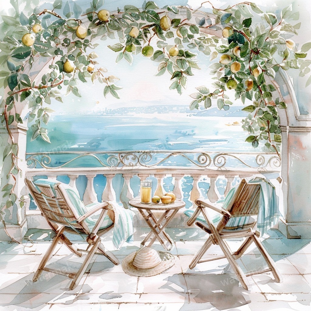 【商用利用可】地中海の朝テラス(水彩バルコニー)クリップアート15点セット|高解像度JPG|海辺の風景・ナチュラルインテリア|コラージュ・ジャンクジャーナル素材|即ダウンロード