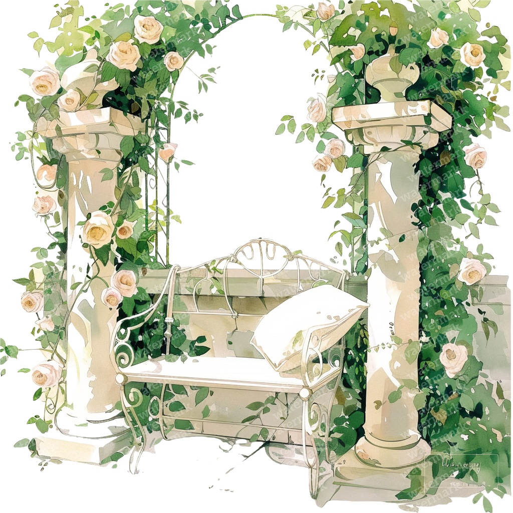 【商用利用可】白いガーデンベンチ(水彩ホワイトベンチ)クリップアート15点セット|高解像度・透過PNG|庭・ナチュラルガーデン|コラージュ・ジャンクジャーナル素材|即ダウンロード