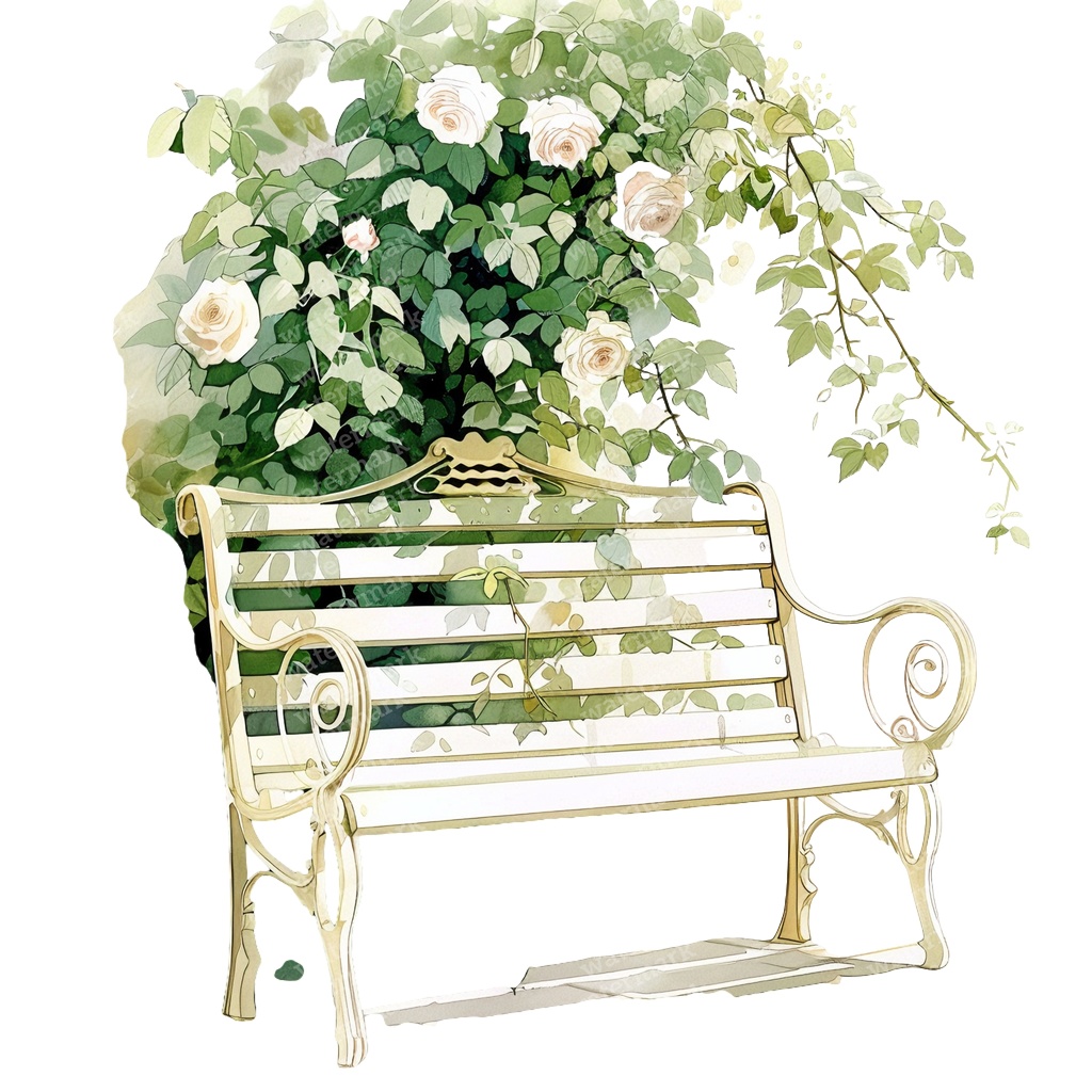 【商用利用可】白いガーデンベンチ(水彩ホワイトベンチ)クリップアート15点セット|高解像度・透過PNG|庭・ナチュラルガーデン|コラージュ・ジャンクジャーナル素材|即ダウンロード