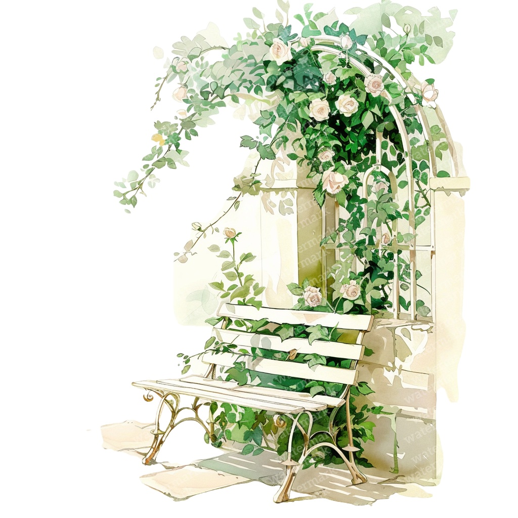 【商用利用可】白いガーデンベンチ(水彩ホワイトベンチ)クリップアート15点セット|高解像度・透過PNG|庭・ナチュラルガーデン|コラージュ・ジャンクジャーナル素材|即ダウンロード