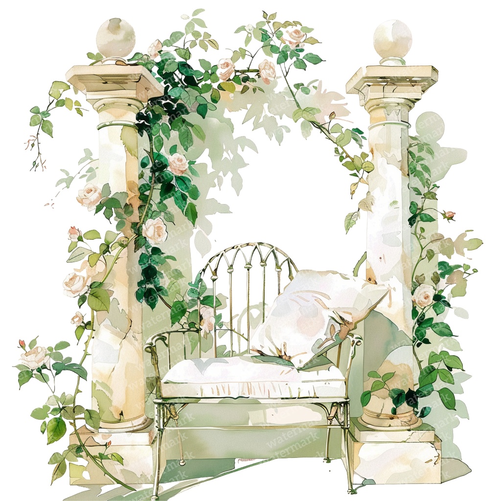 【商用利用可】白いガーデンベンチ(水彩ホワイトベンチ)クリップアート15点セット|高解像度・透過PNG|庭・ナチュラルガーデン|コラージュ・ジャンクジャーナル素材|即ダウンロード