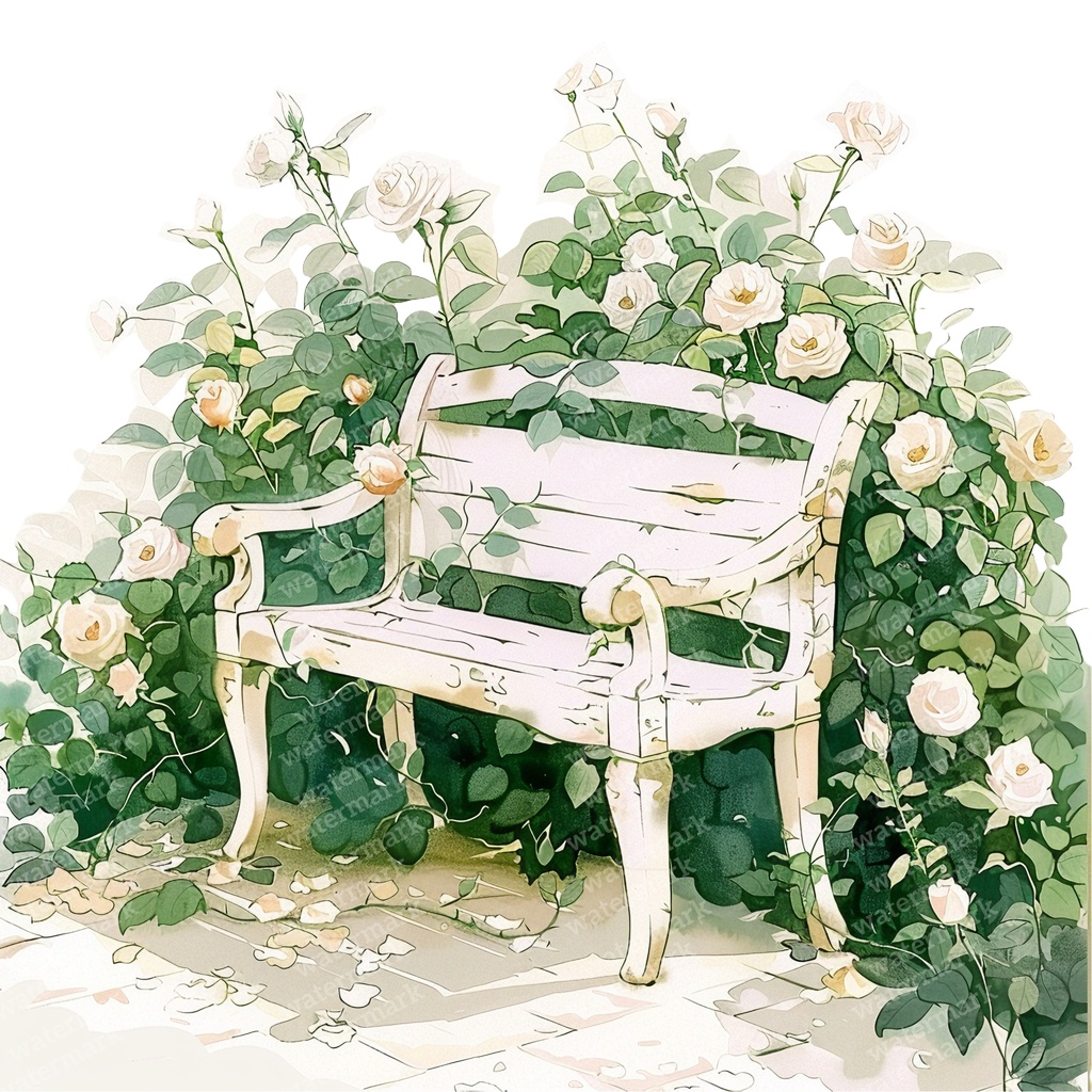 【商用利用可】白いガーデンベンチ(水彩ホワイトベンチ)クリップアート15点セット|高解像度・透過PNG|庭・ナチュラルガーデン|コラージュ・ジャンクジャーナル素材|即ダウンロード