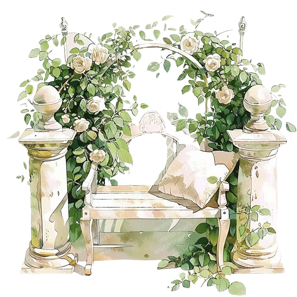 【商用利用可】白いガーデンベンチ(水彩ホワイトベンチ)クリップアート15点セット|高解像度・透過PNG|庭・ナチュラルガーデン|コラージュ・ジャンクジャーナル素材|即ダウンロード